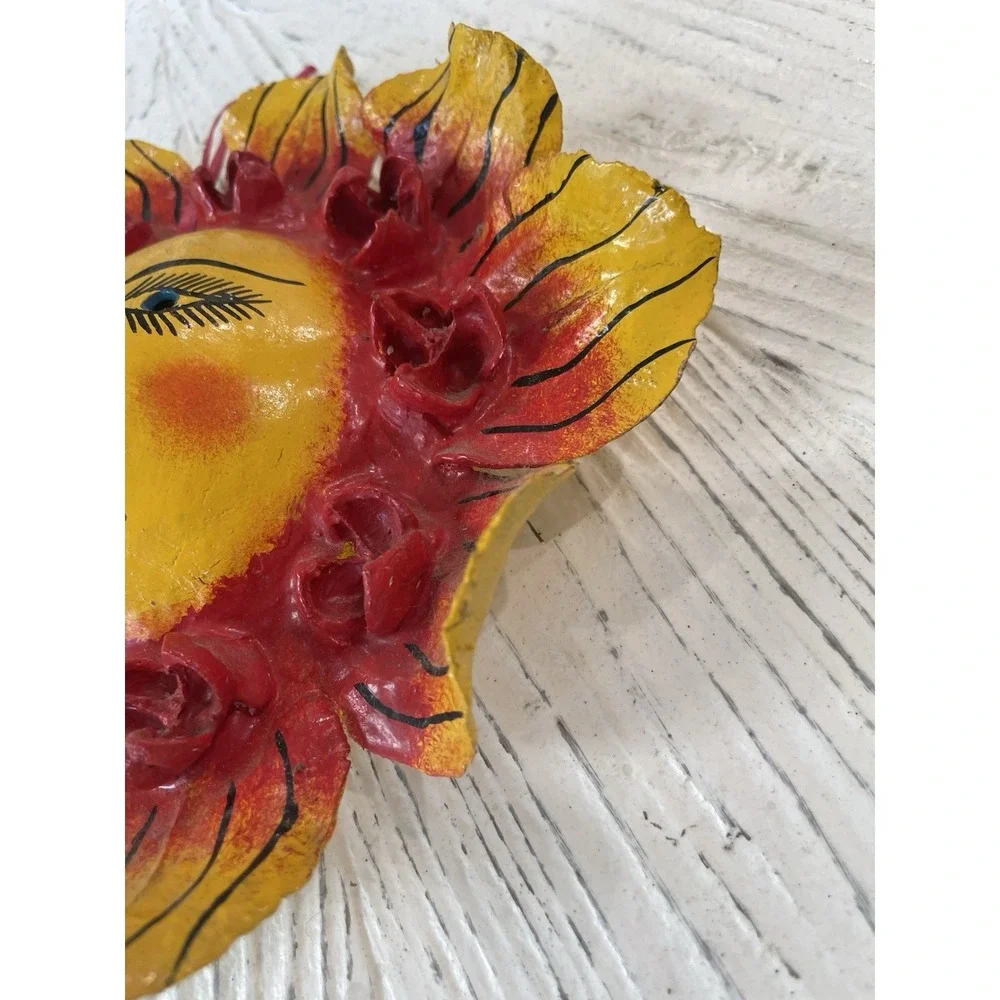 Mexican Coconut Shell Folk Art Mask Hand-Painted Vintage Celestial Sun Artsy